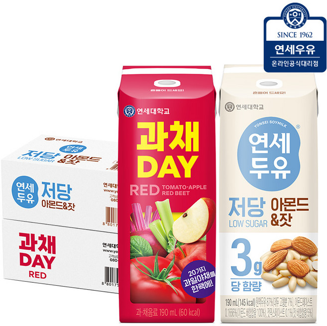연세 저당 두유 아몬드잣 24팩 + 과채데이 음료 레드 24팩 (총48팩), 연세우유 연세 저당 두유 아몬드잣 24팩 + 과채데이, 190ml, 상세설명 참조