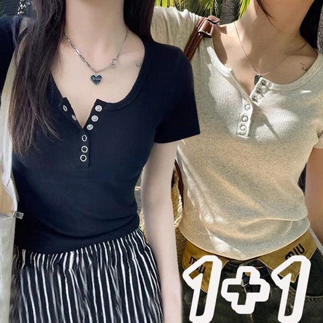 2장세트 (1+1) 빅사이즈 섹시한 이너티 골지 체형커버 U넥 반팔티 무지 여름티 여성