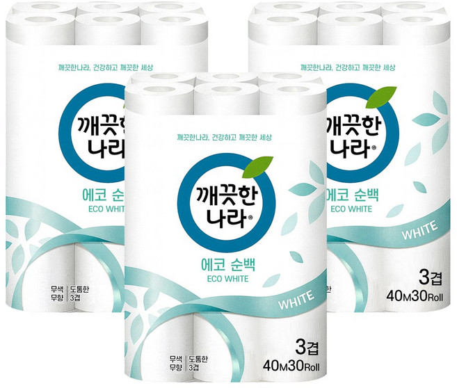 깨끗한나라 에코순백 3겹 롤화장지, 30m, 30롤, 3개