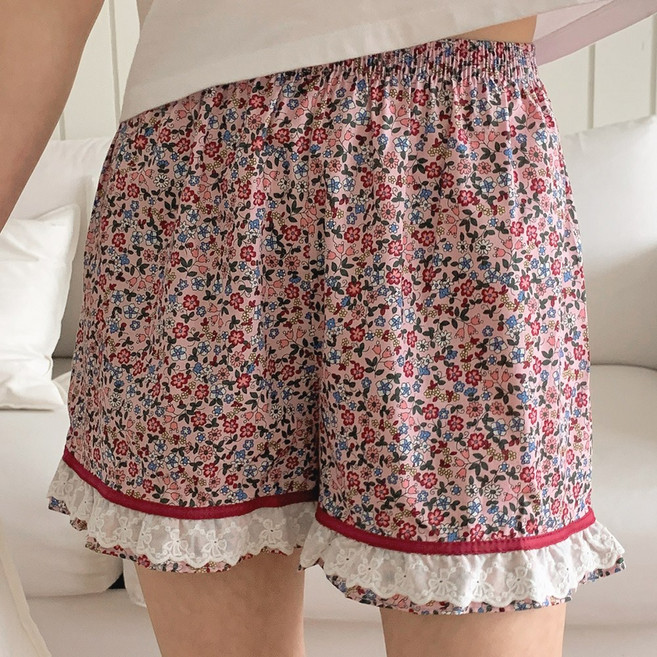 국산 여성 꽃무늬 면 3부 레이스 파자마 바지