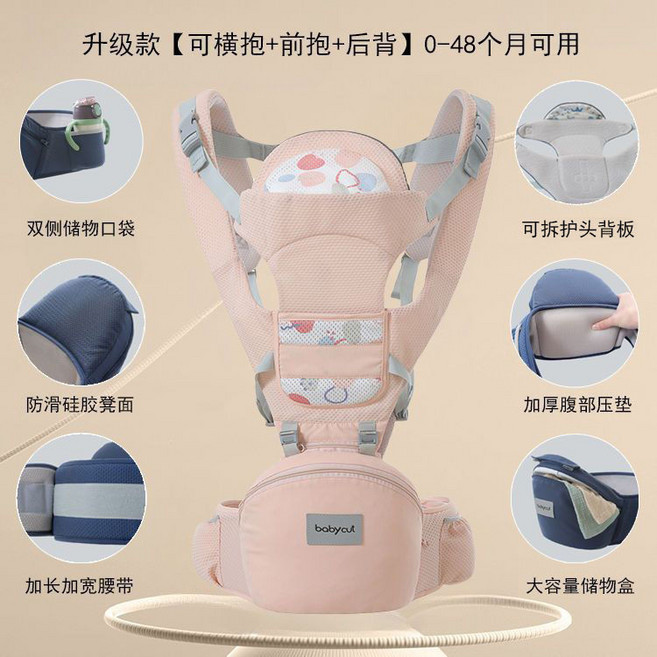 普通款嬰兒腰凳背帶【前抱+後背+口水巾】3-48個月適用, 陞級款：粉【橫抱+前抱+後背】