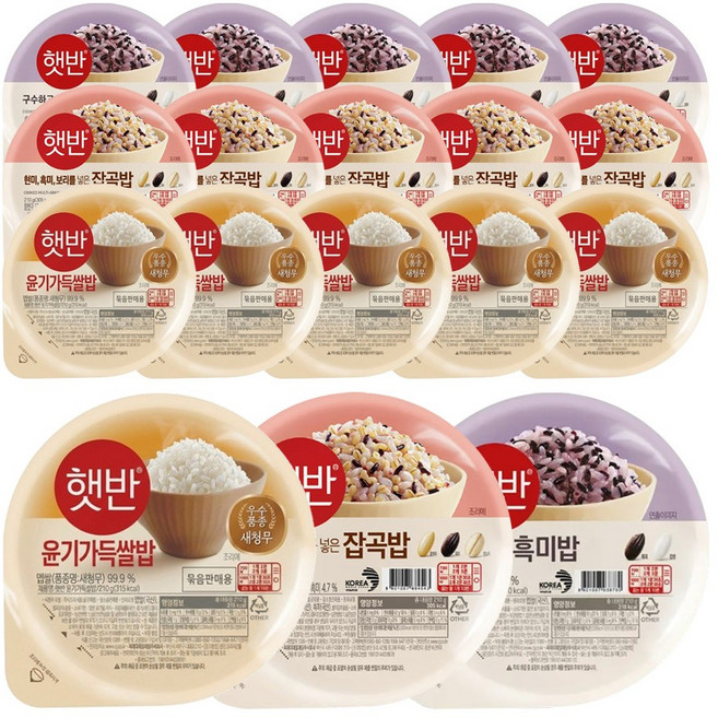 CJ 햇반 210g 혼합 18개 (윤기가득쌀밥+잡곡밥+흑미밥 각 6개), 1박스, 3.78kg