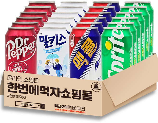 [한번에먹자] 340ml~355ml 캔음료모음 4종 혼합세트 ( 닥터페퍼 + 사랑해요 밀키스 + 맥콜 + 스프라이트 ) 탄산음료세트 PC방 업소용음료 사무실 가정용, 24개, 340ml