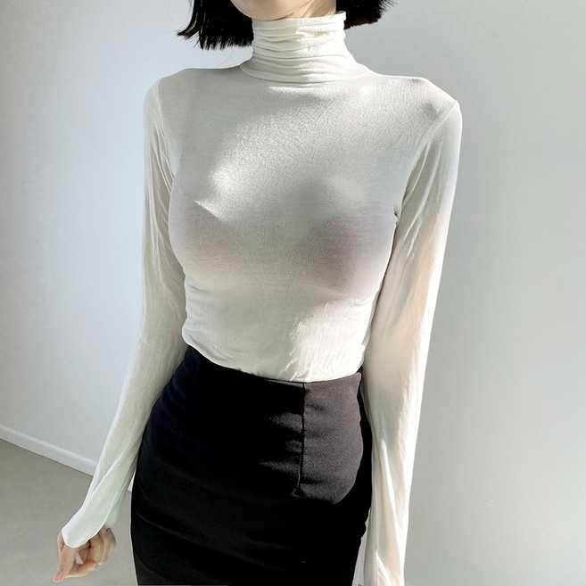 딱붙는 시스루 목폴라 티셔츠 이너 목티코디 슬림핏 겨울 긴팔티셔츠 목티