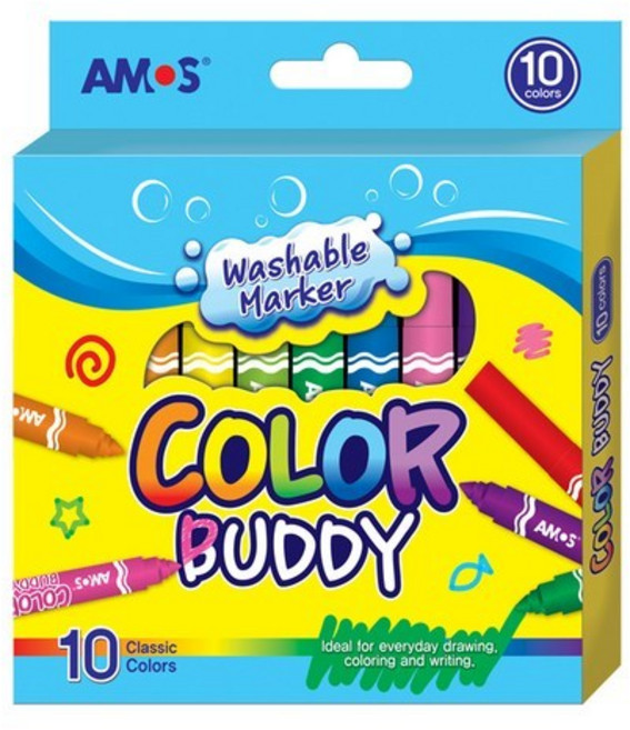 AMOS Color Buddy 粗字水性彩色筆 兒童無毒繪畫彩色筆 10色經典組, 1個, 10色/盒