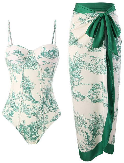 UPPERCUT 여성 원피스수영복 랩스커트 세트 체형커버 비치웨어 모노키니 커버업, 그린 세트