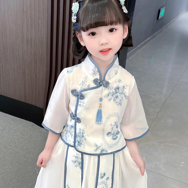 兒童漢服 套裝 女童 古風 夏季 青花瓷 唐裝
