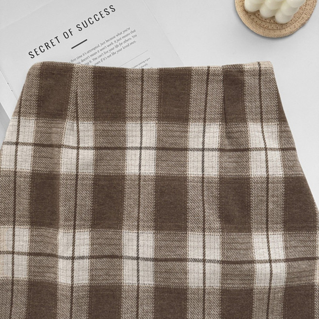 高腰羊尼格子短裙