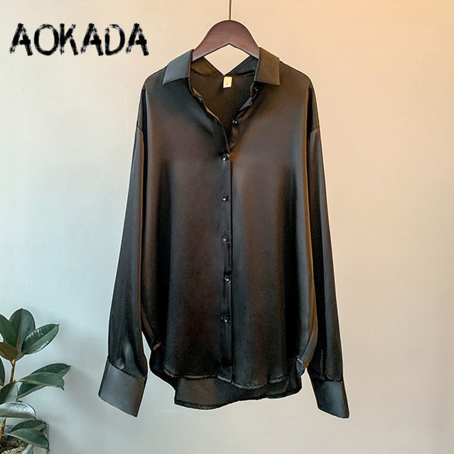AOKADA 여자 새틴 셔츠 봄여름 자외선 차단 블라우스 빈티지 상의