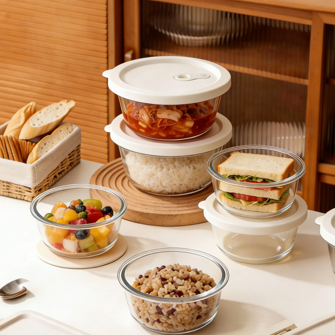 Munjjing 내열강화유리 햇밥용기 흰색 원형 렌지쿡 전자레인지 냉동밥, 6개, 400ml