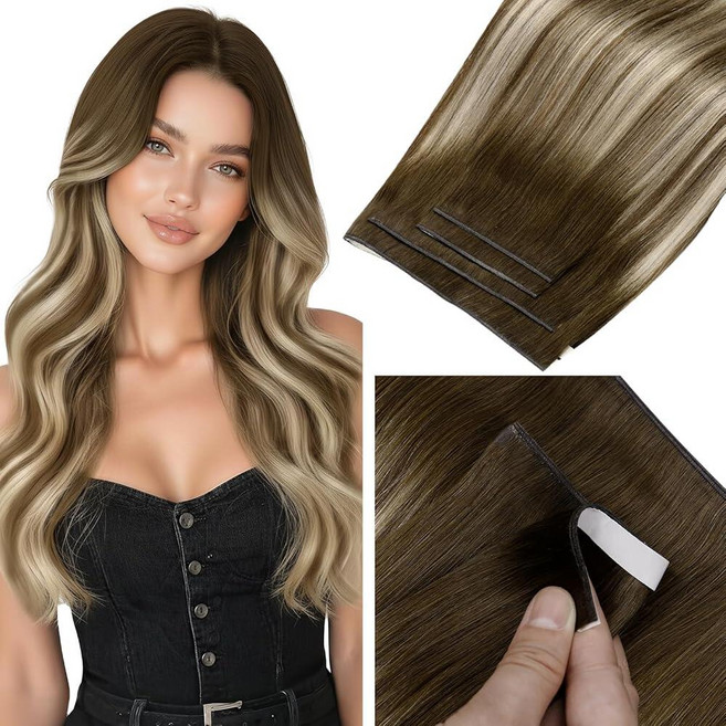 LaaVoo Weft Tape Extensions Ombre Light Brown to Blonde Invisible Tape in Weft Hair Extensions Hum, #3/8/24, 20 Inch-120G