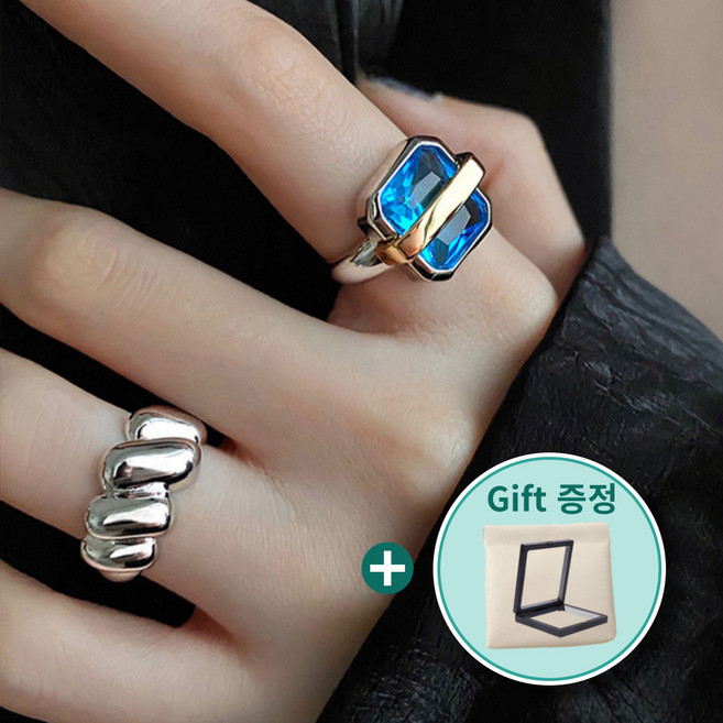 LuckyGlory 실버 사파이어 블루 엔틱 오픈링 고퀄리티 사각모양 여성반지 아모아 은반지 사이즈 조절가능한 힙합반지 GD 반지 + 사은품