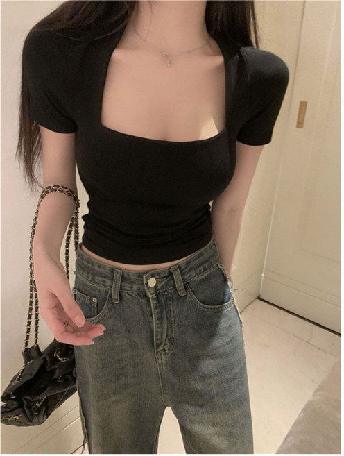 여성용 슬림핏 스퀘어넥 반팔 크롭 티셔츠