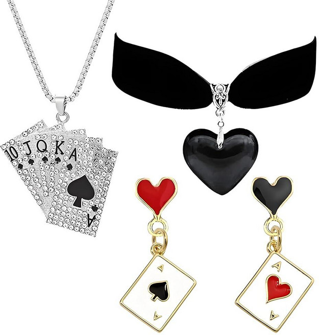 WCRAZYE 여성용 포커 귀걸이 목걸이 세트 행운의 여왕 레드 하트 플레잉 카드 포커 귀걸이 도박 카지노 할로윈 코스튬 주얼리 미디엄 합금강 보석 없음