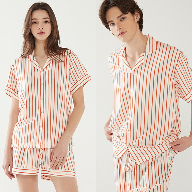 오렌지 스트라이프 줄무늬 허리끈 친환경 인견 레이온 파자마 냉장고잠옷 여름 반팔 커플잠옷