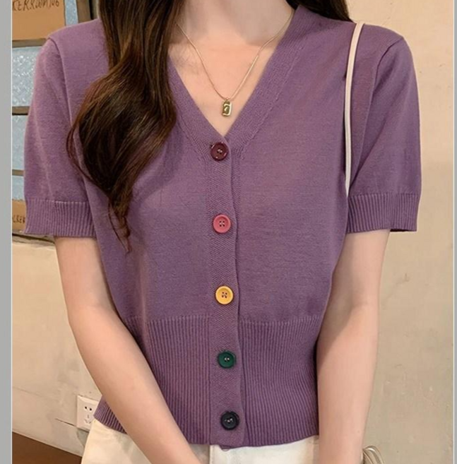 체인지쉬(change she )여성 슬림핏 브이넥 컬러단추 반팔 니트 가디건