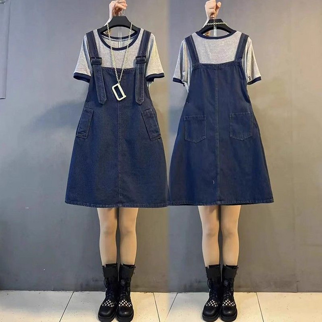 빅사이즈 여성 주름 a라인 멜빵 청원피스 여자 여름 데님 미니원피스