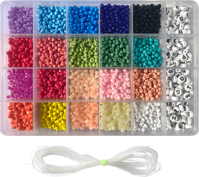 리니팜 20색 알파벳+시드비즈 세트 반지 팔찌 마스크 목걸이줄 스트랩 키링 만들기 우레탄줄 비즈공예재료 키트 악세사리부자재, 알파벳 + 2종 시드비즈 세트 4mm, 1개