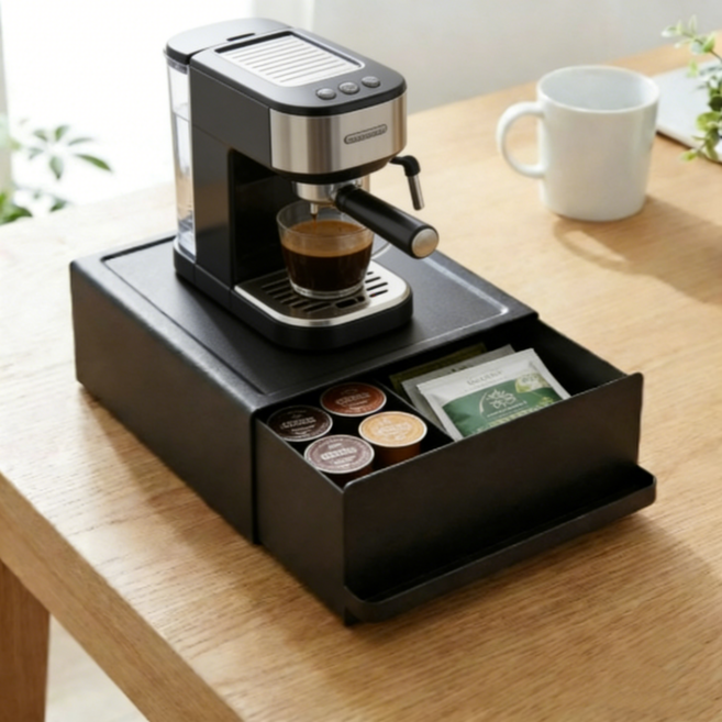 란몰 슬라이딩 철제 수납함 커피머신받침대 서랍형 정리함, 1개, 블랙