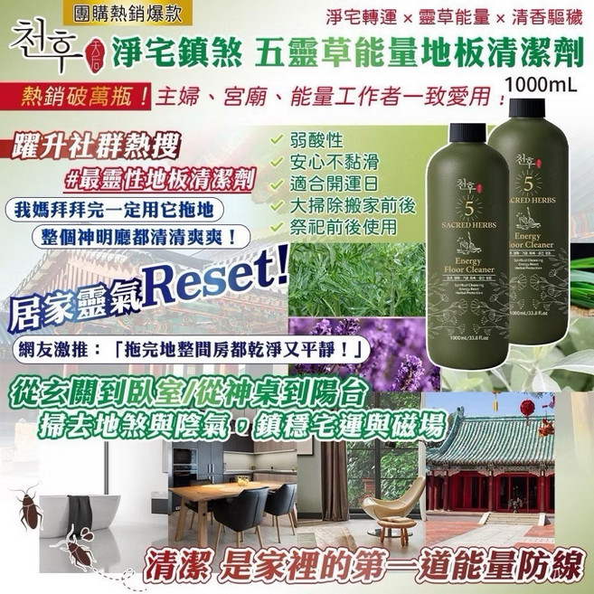 天后 5 SACRED HERBS 五靈草植萃淨化洗衣精 溫和潔淨 能量淨化 4000ML, 1個, 五靈地板1000ml