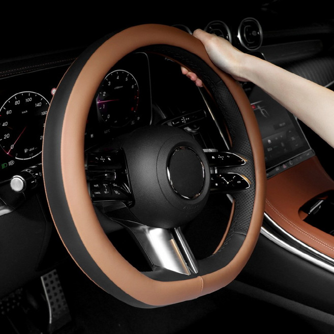 스플리터 2024 그랜저GN7 호환 D컷 스티어링 휠 투톤 가죽 핸들커버, 새들브라운