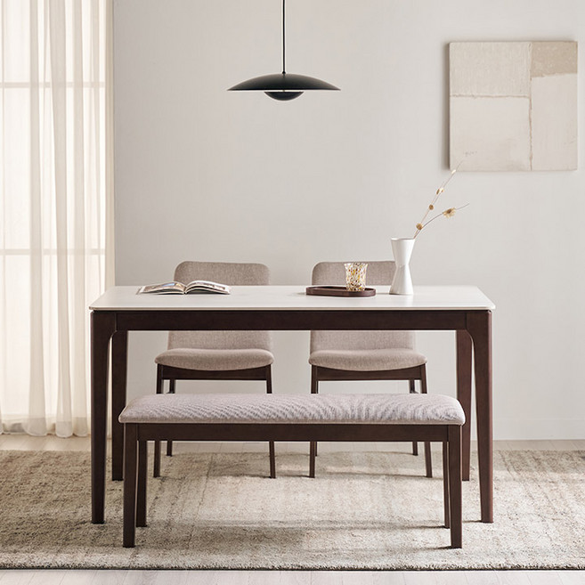 [삼익가구] 어썸 통세라믹 원목 4인 6인 식탁 풀세트, 월넛(화이트), 4인 세트(벤치1+의자2)