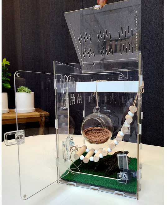 도마뱀 사육장 크레스티드게코 아크릴 사육장 앞면+상면 개폐형 도마뱀 하우스게코 은신처 파충류 아크릴사육장 키우기 케이지, 1개