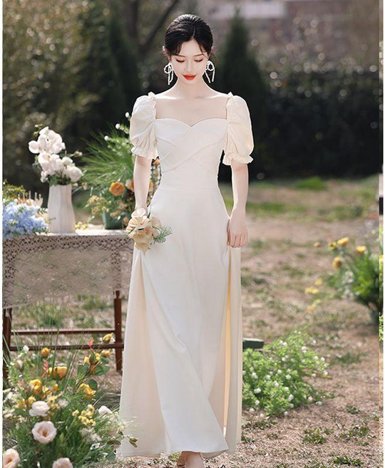 伴娘服 緞面晚禮服 香檳色仙氣姐妹團顯瘦演出晚禮服裙, 856款-長款 新品 ,S 建議40.0-49.0公斤, 香檳色, 856款-長款