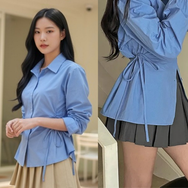 핏몬 여성 루즈 슬림 허리 리본 블라우스 셔츠 남방