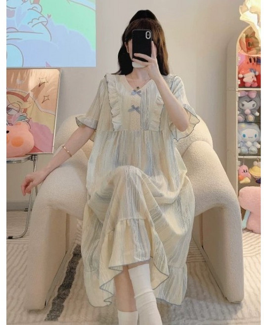 오버핏 러블리 셔링 면 롱 반팔원피스 잠옷 홈웨어 빅사이즈 파자마 루즈핏 봄 여름 곰돌이공주님