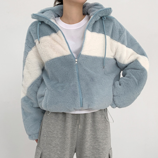 티데일리 여성용 퍼즈 오버핏 배색 밍크퍼 누빔 집업 점퍼