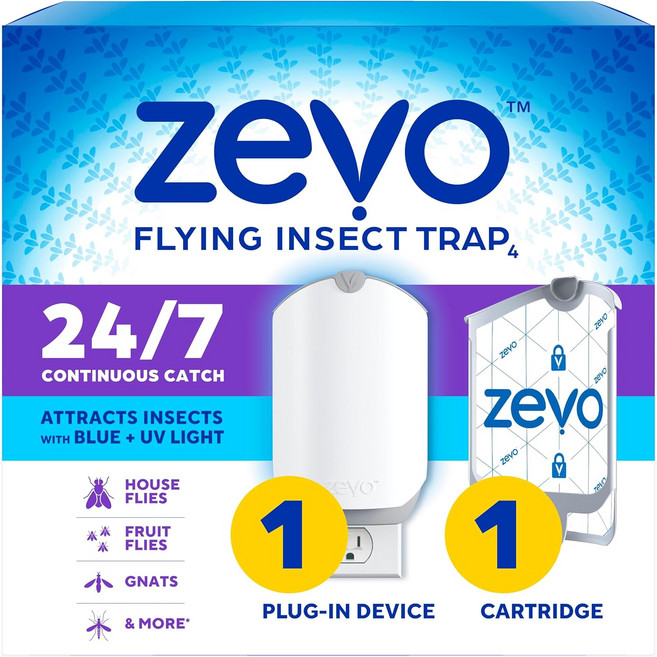 Zevo 플라잉 곤충 트랩 & 카트리지 - 파리 집 과일 파리를 위한 및 실내 벌레잡이 플러그인 지저분하지 않음 모든 방에서 사용 파란색 자외선기기 1개, 1 Device &