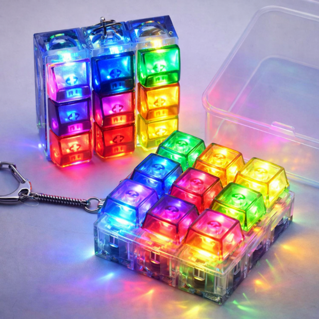 레인보우 LED 불빛 키보드 딸깍이 키캡 키링 9구, 1개, 무지개