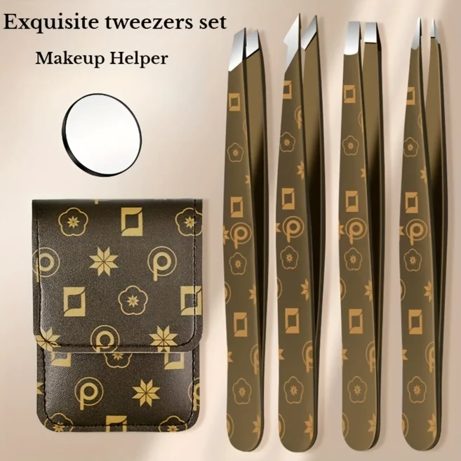 CMGF 눈썹 핀셋 세트 4개입 미용 정밀 눈썹 정리 얼굴 스테인리스 스틸 사선 눈썹 클립 제거 메이크업 도구, 02 Brown 5PCS