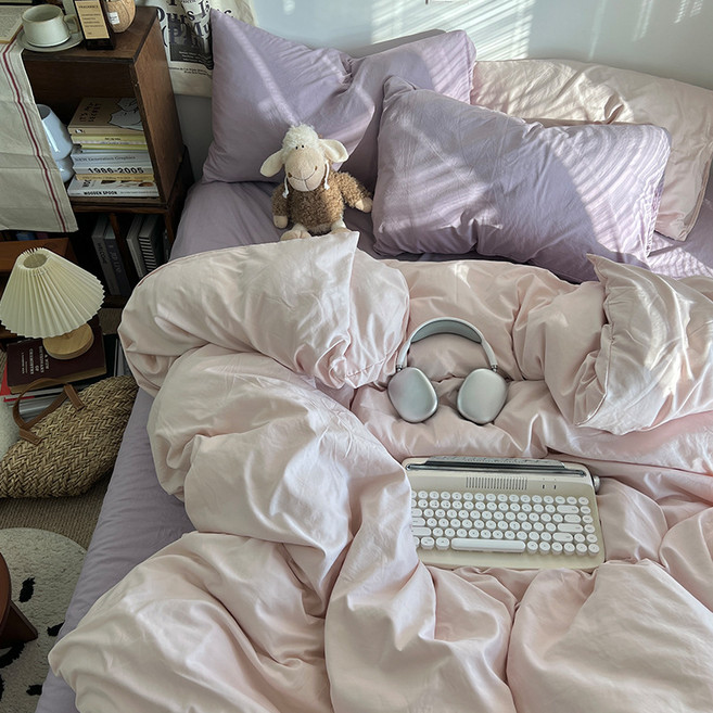 침대실크이불세트 실크여름이불세트침구4종세트, 더블 컬러-(타로 페이스트 보라색 고구마), 0.9m/1.2m 기숙사 침대 시트 4 피스 퀼트 커버