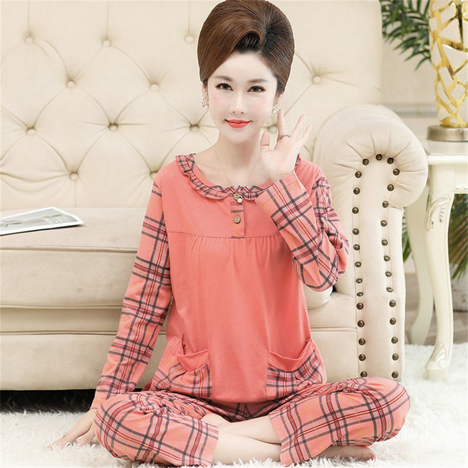 Vezri 여성 중년용 봄가을 체크무늬 긴팔 긴바지 잠옷 빅사이즈 투피스 세트
