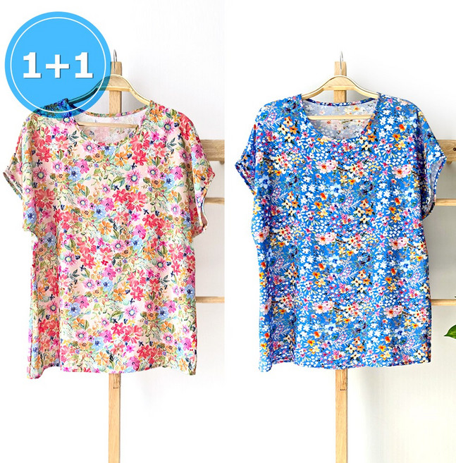 퀸즈몰 여성 인견 반팔 티셔츠 라운드넥 플로럴 패턴 시원한 인견 반팔티 YGT