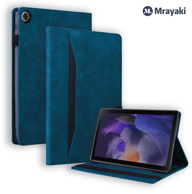 미라야키 갤럭시탭s8케이스 가죽 PU 펜 저장 카드 저장 핸드폰 거치대 전면적 보호 탭s8케이스, 블루, 1개