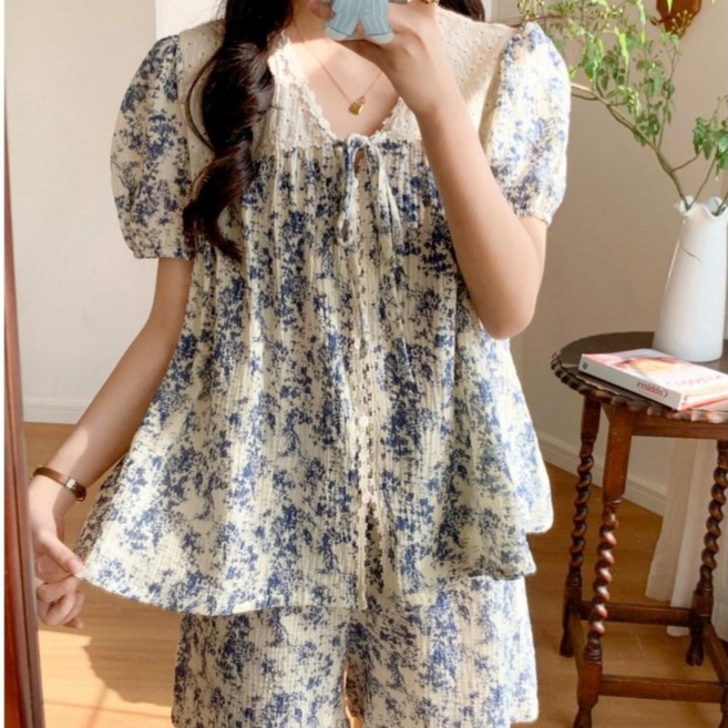 여성 순면 진파랑 데이지 여름 반팔 파자마 잠옷 홈웨어