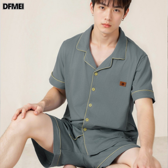 DFMEI 純棉睡衣男夏季男士短袖短褲大碼簡約純色家居服套裝2025新款
