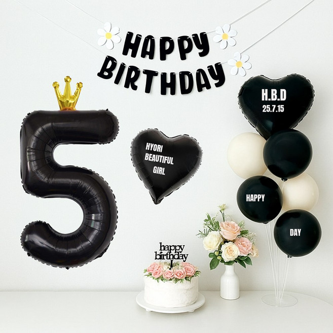 해피제이니 블랙왕관 초대형 숫자풍선 생일 파티풍선 세트(레터링 시트지 3장 포함), 1세트, 블랙왕관숫자 5
