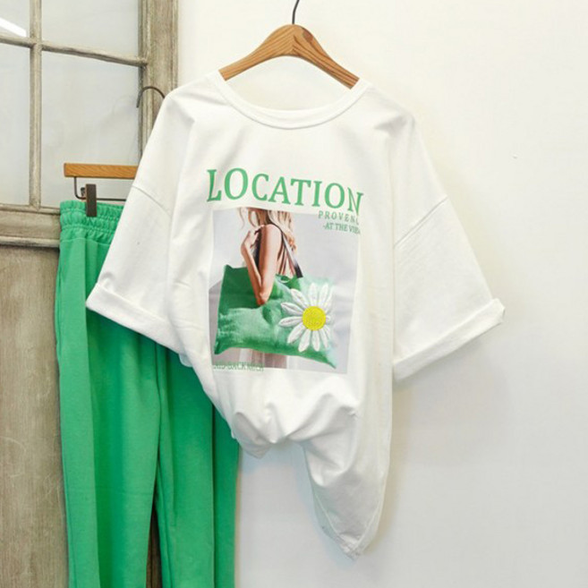 이힝 빅백 프린팅 루즈핏 반팔 롱티셔츠