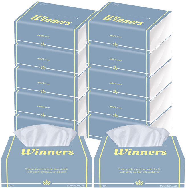 위너스 뽑아쓰는 키친타올 3겹 100매x9팩 천연펄프 100% 키친타월 주방 식당 캠핑 핸드타올겸용, 1세트, 1200매