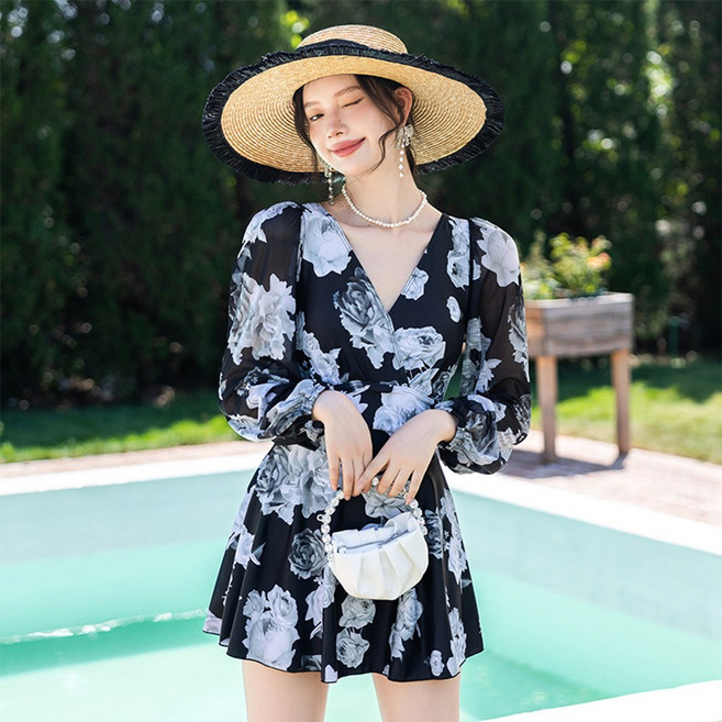 크크섬 여성 체형커버 수영복 빅사이즈 긴팔 비치 원피스 수영복, 2XL, 묵인하다