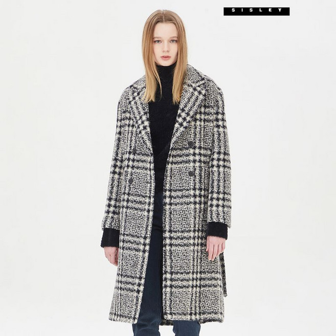 시슬리 아리아나 체크 벨티드 롱 코트 SACTC7461 BK
