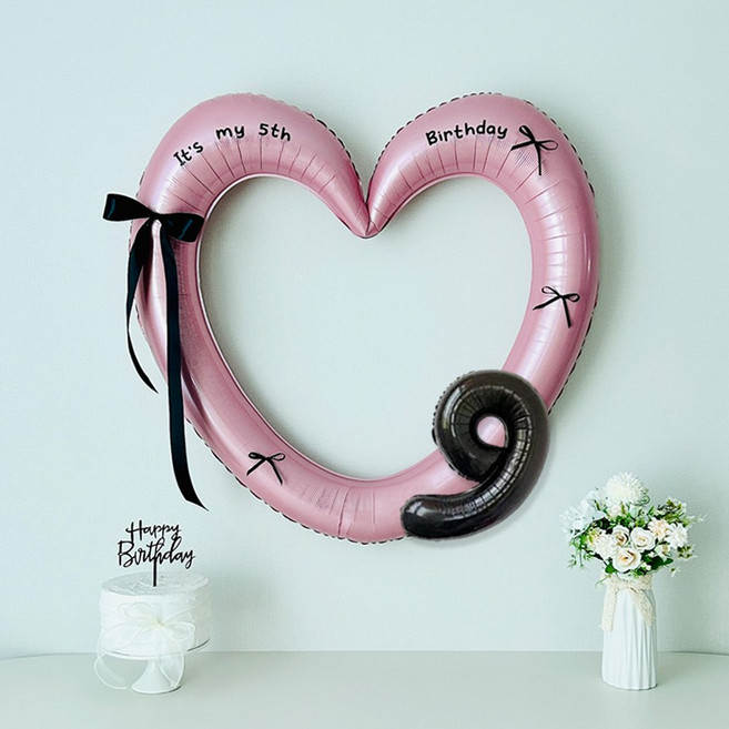 연지마켓 생일 하트프레임풍선 블랙 숫자 생일파티 용품 세트 (자유레터링), 1세트, 핑크하트 숫자 9