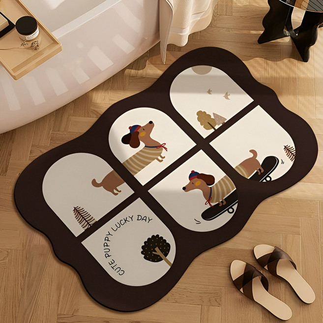 현관 발매트 화장실 입구 욕실 발매트 규조토 미끄럼 방지 매트, 화이트브라운 닥스훈트, 1개