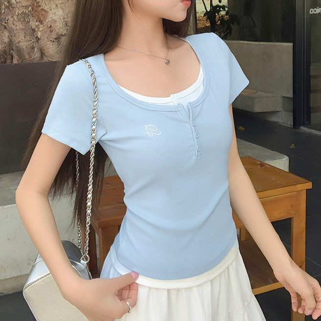 cammello 화이트 레이어드 헨리넥 골지 반팔 티셔츠 기본핏 반팔티