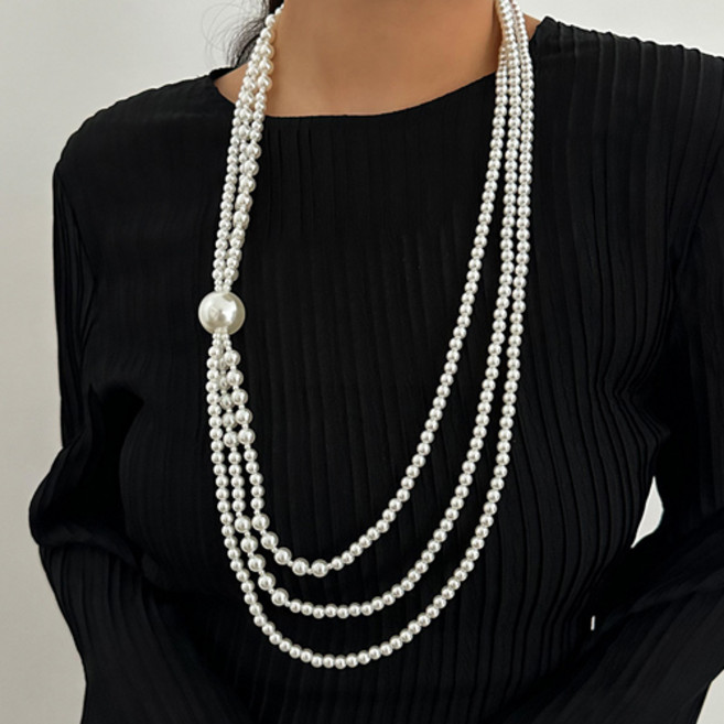 티큐 파티 행사 공연 무대 볼드 3줄 레이어드 롱 진주 목걸이 A1891