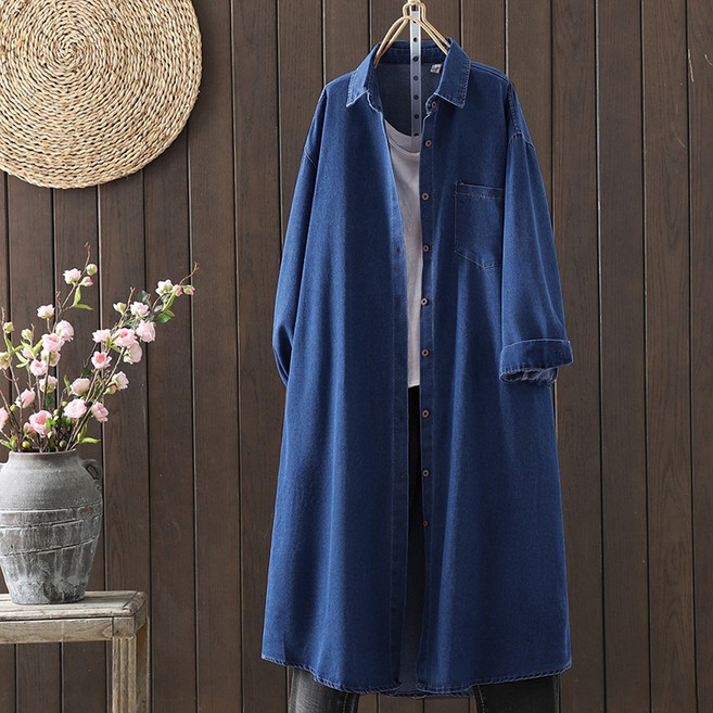 POMTOR 여성 데님 셔츠 루즈핏 빅사이즈 롱 코트